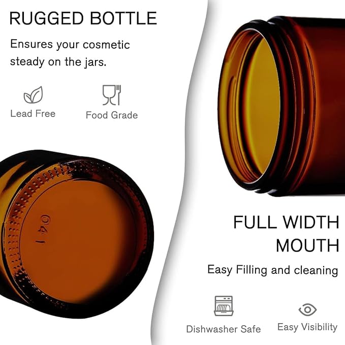 12 Pack 4 oz Round Amber Glass Cosmetic Jars with Inner Liners, Black Lids, Spatula, Chalk Labels, Pen, Candle Holder, Refillable Containers for Makeup, Cream, Sugar Scrubs, Bath Salts