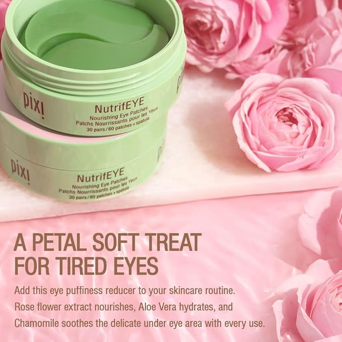 Pixi Beauty NutrifEYE Soothing Rose Under Eye Gel Patches | Eye Masks for Puffy Eyes with Rose, Aloe Vera, and Chamomile to Hydrate, Calm, and Depuff | 30 pairs / 60 patches