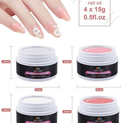 EBANKU Solid Builder Gel Kit, Builder Gel for Nails 4 Colors Clear White Nude Pink for Nail Art Strengthen Nail Extension Kit for Beginners Home DIY, 4 * 15g