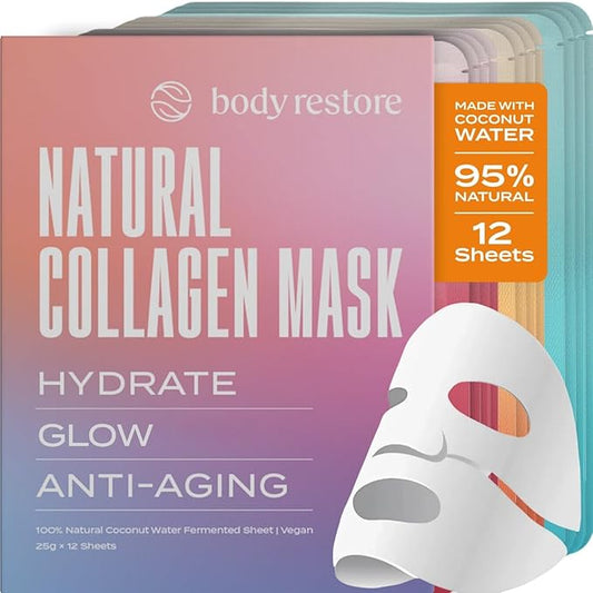 Body Restore Natural Collagen Face Mask 12 Pack – Korean Skin Care Mask with Fermented Coconut Water, Christmas Stocking Stuffers, White Elephant, Birthday Gifts for Women & Men, Dry Skin - Variety