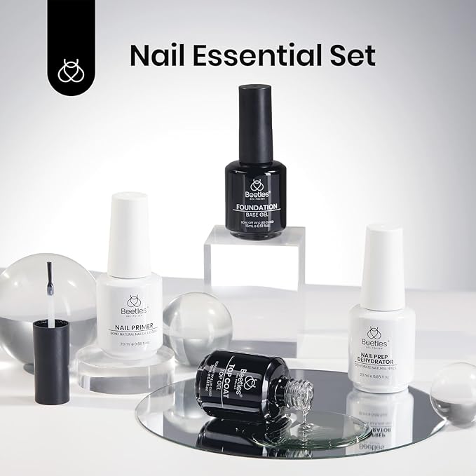 Beetles 4 Pcs 15ml Base Gel and Top Coat Kit with 20ml Nail Dehydrator and Primer, Professional Nail Prep Acid-Free & Hema-Free Dehydrate Bond Primer Set for Acrylic Nail Manicure Gift for Women