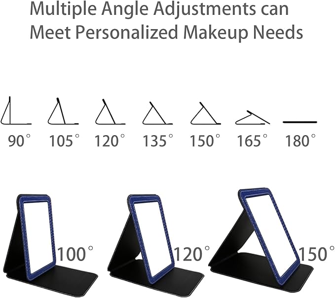 Blue Foldable Desk Mirror, 6.5×8.9” Adjustable Angle Rounded Rectangle PU Edge Covering Travel Mirror with Stand (LBlue)