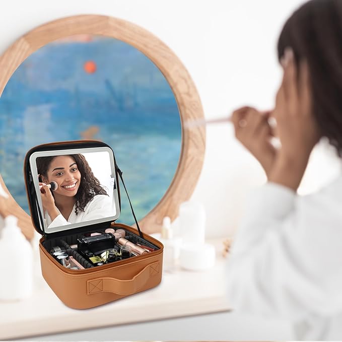 Travel Makeup Bag with LED Mirror Travel Makeup Organizer with 3 Lighted Settings, Adjustable Dividers and Makeup Brush Storage Bag Orange-Brown