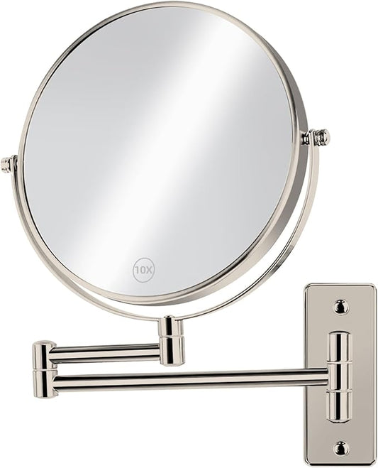 8" Extendable Bathroom Mirror Wall Mount with 1X/10X Magnification, 360° Swivel Double Sided Vanity & Shaving Mirror, Nickel Finish (No Light)