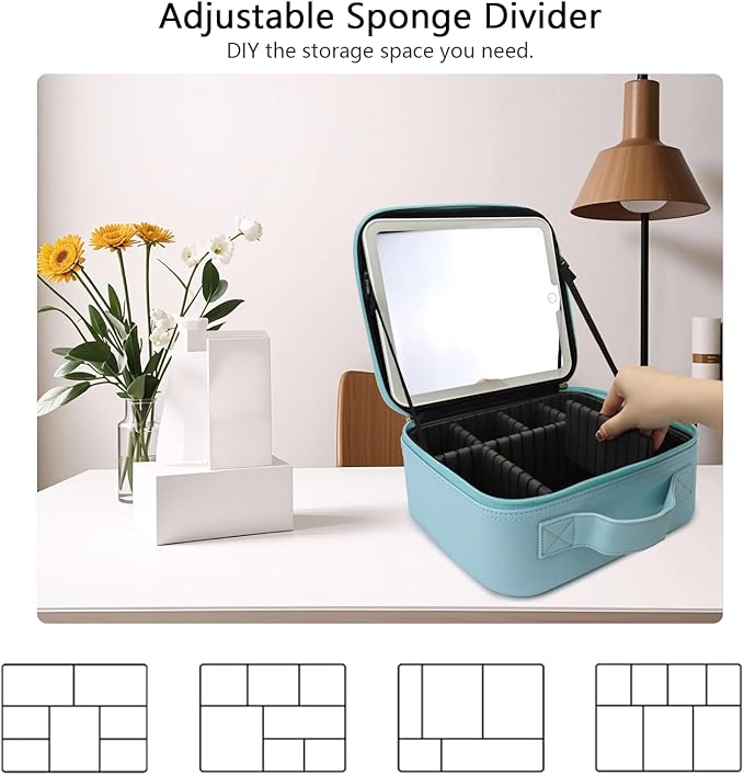 Travel Makeup Bag with LED Mirror Travel Makeup Organizer with 3 Lighted Settings, Adjustable Dividers and Makeup Brush Storage Bag Light Blue