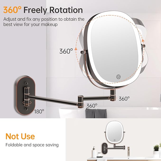 Funtouch 9" Wall Mounted Lighted Makeup Mirror, Rechargeable Double Sided 1X/7X Magnifying Mirrors with Light, 3 Color Lights, Touch Dimmable, Extended Arm 360 Rotation Oval Shaving Light up Mirror
