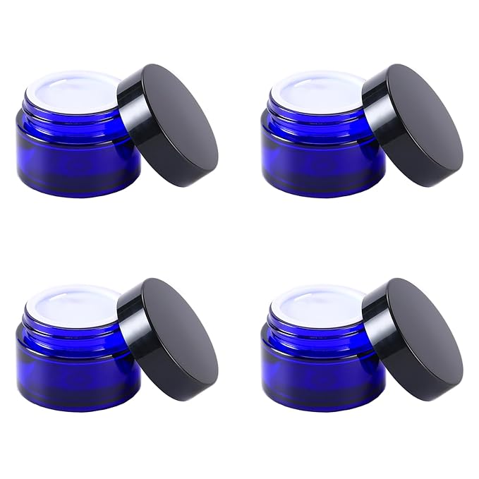 4PCS 1 oz Small Glass Jar, Empty Cosmetic Lotion Containers,with Inner Liners,Black Lid, Spatula (Blue)