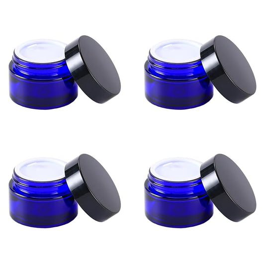 4PCS 1 oz Small Glass Jar, Empty Cosmetic Lotion Containers,with Inner Liners,Black Lid, Spatula (Blue)