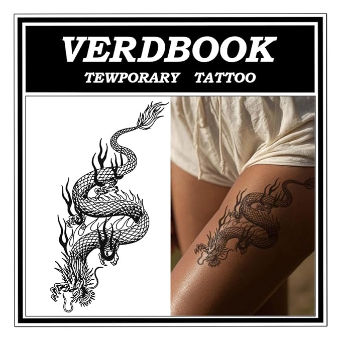 Waterproof Temporary Tattoos: 2-Sheet Tattoo Kit with Realistic Body Stickers, Semi-Permanent Tattoos for Adults Lasting 7-15 Days – Safe for Men & Women, Shadow Dash Dragon