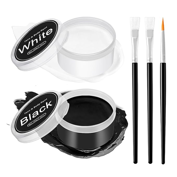 Black and White Face Body Paint with Brushes Halloween Face Paint Makeup Kit Oil Based Face Painting Kit for Cosplay Clown Skeleton Vampire Special Effects Makeup