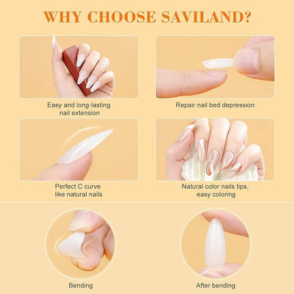 SAVILAND Gels Nail Kit Almond: Natural Nail Tips 500 Pcs and 4 In 1 Nail Glue Gel, U V/LED Nail Lamp Pre-shaped White Full Cover False Nails for Acrylic Nail Kit Nail Art DIY Salon At Home Gift