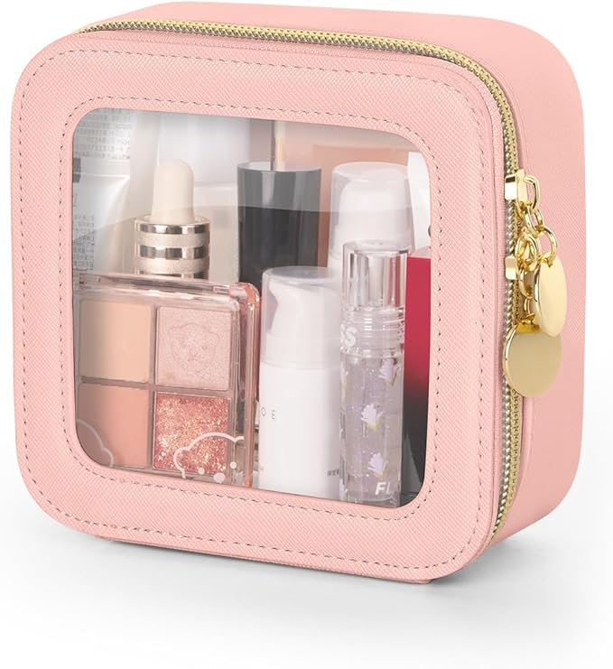 Clear Makeup Bag, Portable Travel Cosmetic Bags, Multipurpose Leather Toiletry Bag with Zipper, Waterproof Transparent Cosmetic Organizer for Women, Mini, Pink