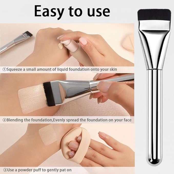 2 Count Flat Foundation Brush for Liquid makeup, Ultra Thin Face Makeup Flat Brush, Makeup Brush for Blending Mask Cream, Base Brush Tools（Silver & Silver)