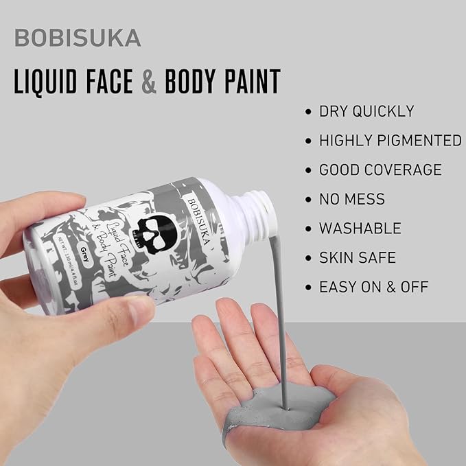 BOBISUKA Grey Face Body Paint Liquid Texture Washable Non Toxic Facepaint Fast Drying Foundation Makeup for Halloween Corpse Bride Zoombie Cosplay SFX Costume Party Large Capacity(130ml)