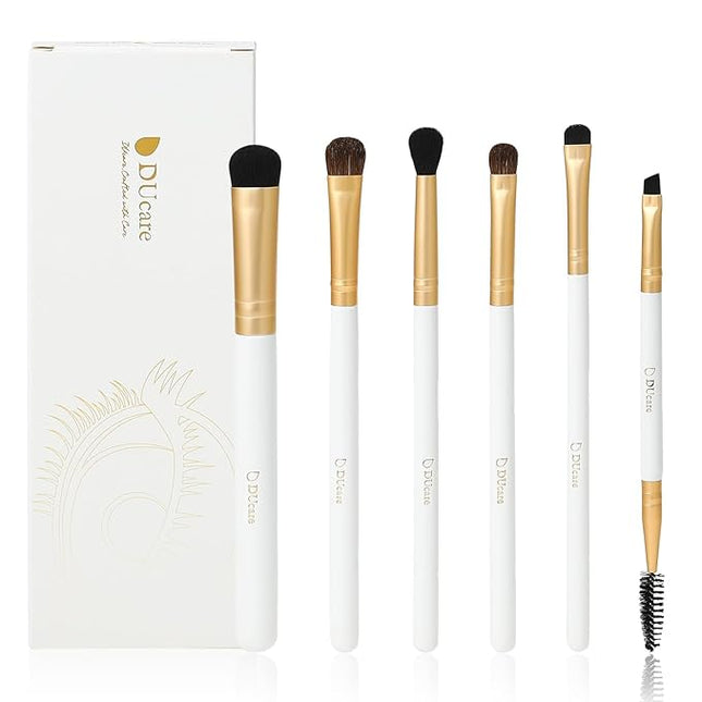 DUcare Eye Makeup Brush Set, 6 Pcs Professional Eyeshadow Blending Makeup Brushes for Concealer Eyebrows Eyeliner, Soft Hairs & Wood Handle, White
