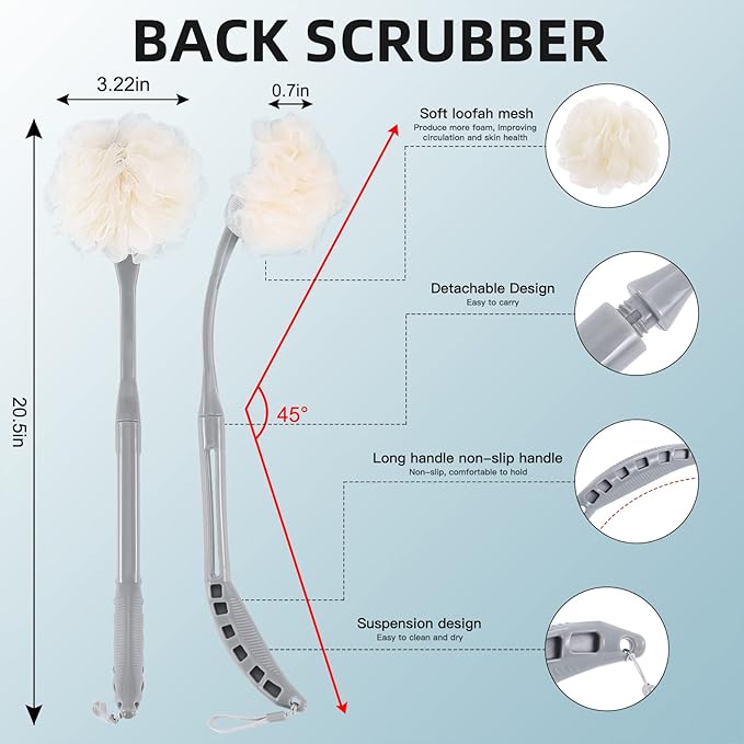 Loofah on a Stick, 20.5” Shower Sponge Loofah Back Scrubber, Exfoliation and Improved Skin Health, Back Loofah for Shower for Men Women