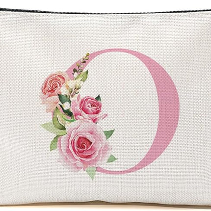 Pink Monogram Makeup Bag, Initial O, Cosmetic Bag Personalized Travel Organizer Bags Makeup Pouch, Monogrammed Gifts for Women Girls Friend Sisters Daughter Bridesmaid Wedding Bridal Shower Gifts