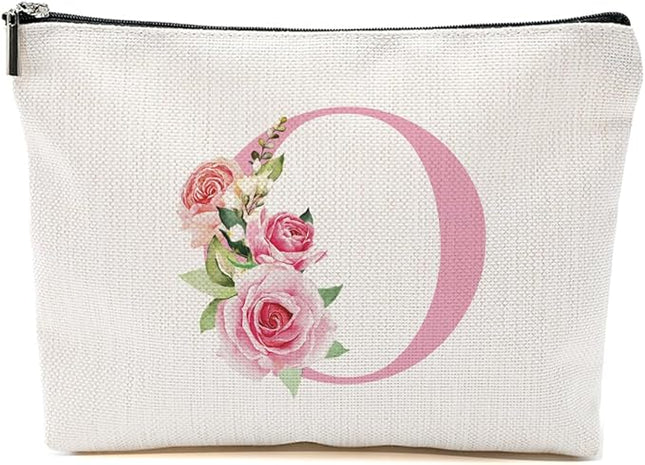 Pink Monogram Makeup Bag, Initial O, Cosmetic Bag Personalized Travel Organizer Bags Makeup Pouch, Monogrammed Gifts for Women Girls Friend Sisters Daughter Bridesmaid Wedding Bridal Shower Gifts