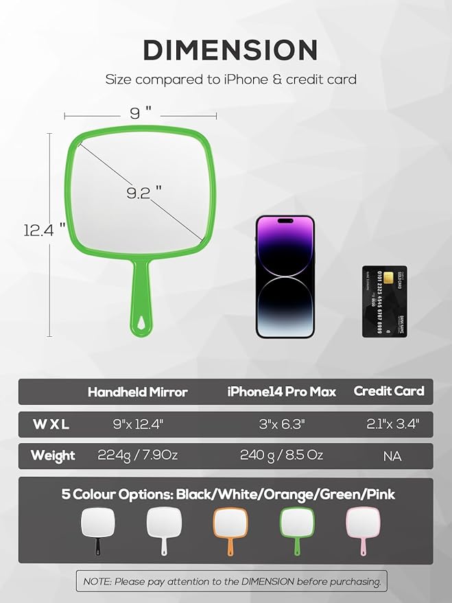 Extra Large Handheld Mirror，Hand Salon Mirror with Handle for Barbers, Hairdressing (Green，12.4" Lx 9" W)