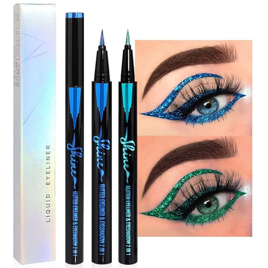 evpct 2Pcs Green & Royal Blue Glitter Shimmer Liquid Eyeliner Eye Shadow Makeup Pencil Set, Green Blue Face Body Glitter Makeup Fake Eyelashes Mascara, Sparkle Metallic Colored Eyeliner Waterproof