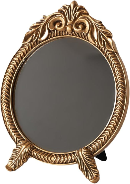 Small Round Gold Vintage Vanity Mirror – 9.5" x 12.5" Small Baroque Desktop Mirror, Antique Freestanding Dressing Table Mirror for Bedroom, Living Room, and Countertop Décor