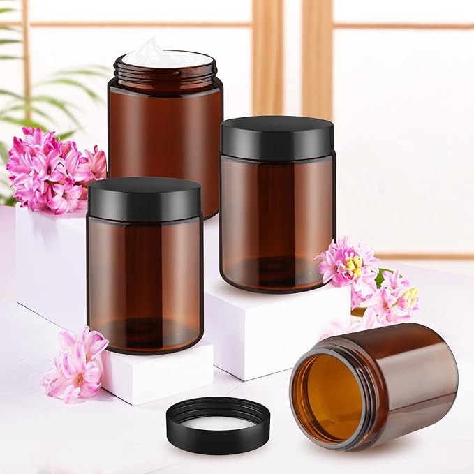 8 Pcs Amber Glass Cream Jar Refillable Empty Cosmetic Storage Bottle Sample Container Pot with Black Lids for Make Up Lotion Face Cream - 150ml/5oz