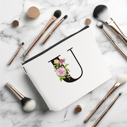 Personalized Makeup Bag, Initial Letter U Makeup Bag for Women Rose Monogram Cosmetic Bags Toiletry Pouch, Monogrammed Gifts for Women Mom Grandma Sister Friends Thanksgiving Christmas Birthday Gift