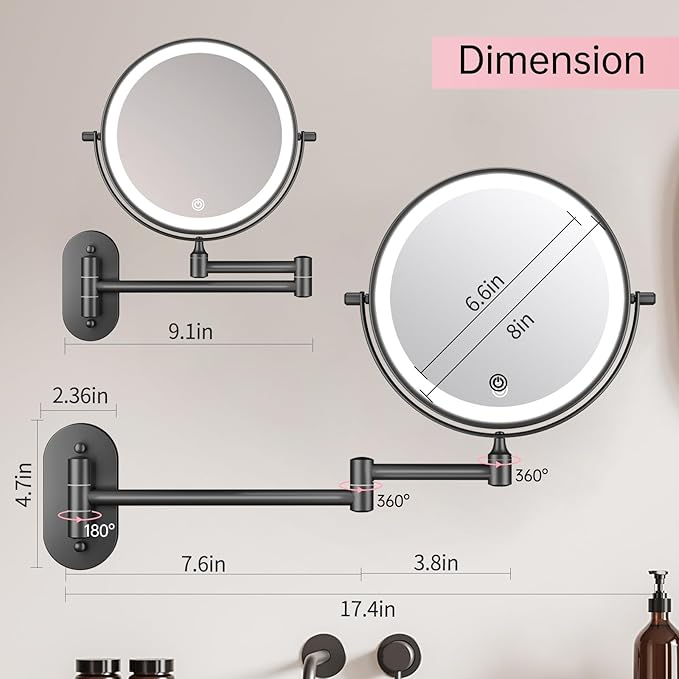 FUNTOUCH Rechargeable Wall Mounted Lighted Makeup Vanity Mirror 8 Inch Double Sided 1X 10X Magnifying Bathroom Mirror, 3 Color Lighting, Touch Dimming, Extended Arm 360 Rotation Light up Mirror Black