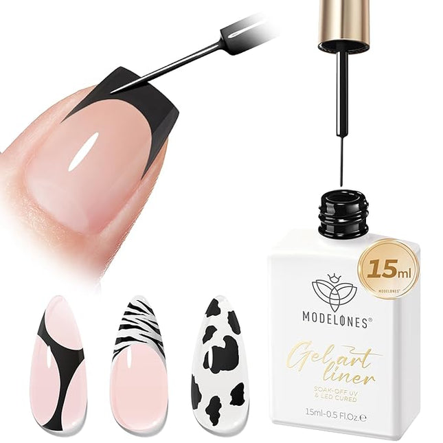 modelones Black French Tip Liner Gel Polish, 15 ML All Black Classic Color Nail Art Paint Swirl with Upgraded Fine Line Brush Soak Off U V DIY Home Salon Professional Manicure Design Gift for Women