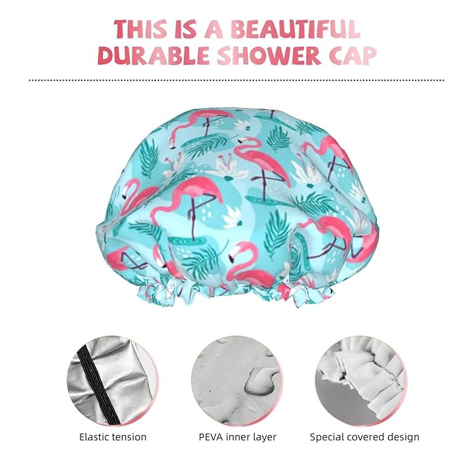 Pink Flamingos Shower Cap For Women Reusable Waterproof Double Layers Bath Cap Hair Protection Elastic Ladies Spa Salon Shower Hat