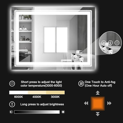 LED Bathroom Mirror, 40"X30" with Front and Backlit, Anti-Fog, Bathroom Vanity Mirror for Wall, Memory Function, Stepless Dimmable, Tempered Glass (Horizontal/Vertical)