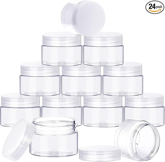 24 Pieces Empty Clear Plastic Jars with Lids Round Storage Containers Wide-Mouth for Beauty Product Cosmetic Cream Lotion Liquid Butter Craft and Food (Transparent Lid, 2 oz)