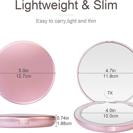 Gospire 5" Lighted Travel Makeup Mirror 1X/7X Magnifying Double Sided, Super Large LED Compact Portable Handheld Pocket Illuminated Cosmetic Vanity Mirror with Battery for Makeup Bag
