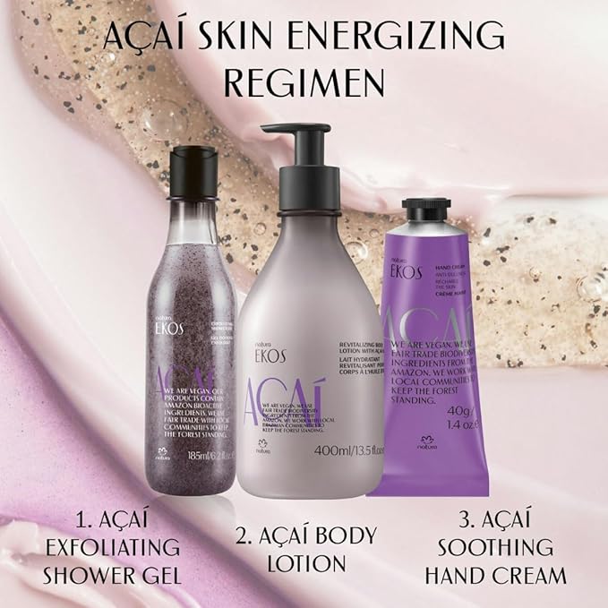 Natura - Ekos Açaí Revitalizing Bundle - Hand cream & Exfoliating Shower Gel & Body Lotion - Vegan Skin Care - Brazilian Beauty Secrets - Self Care & Body Care