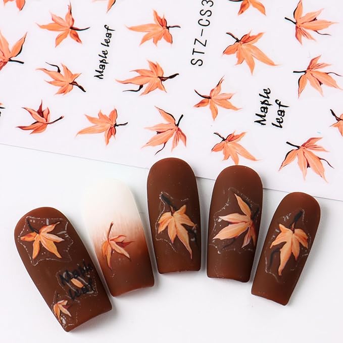 Fall Pumpkin Nail Art Stickers Decals 3D Maple Leaf Thanksgiving Day Nail Stickers Nail Art Supplies 6PCS Autumn Maple Leaves Nails Adhesive Decals Manicure Sliders for Women DIY Nail Decorations