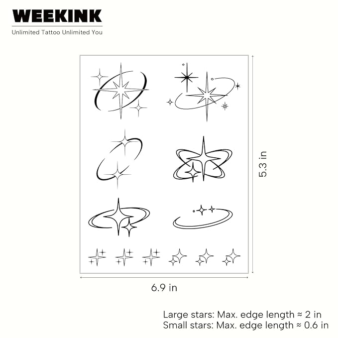 Y2K Sparkle Star Temporary Tattoos – 4 Sheets of Twinkle & Orbit Starburst Tattoos for Women, Retro Cosmic Style for Hands, Arms & Neck, Semi-Permanent & Waterproof