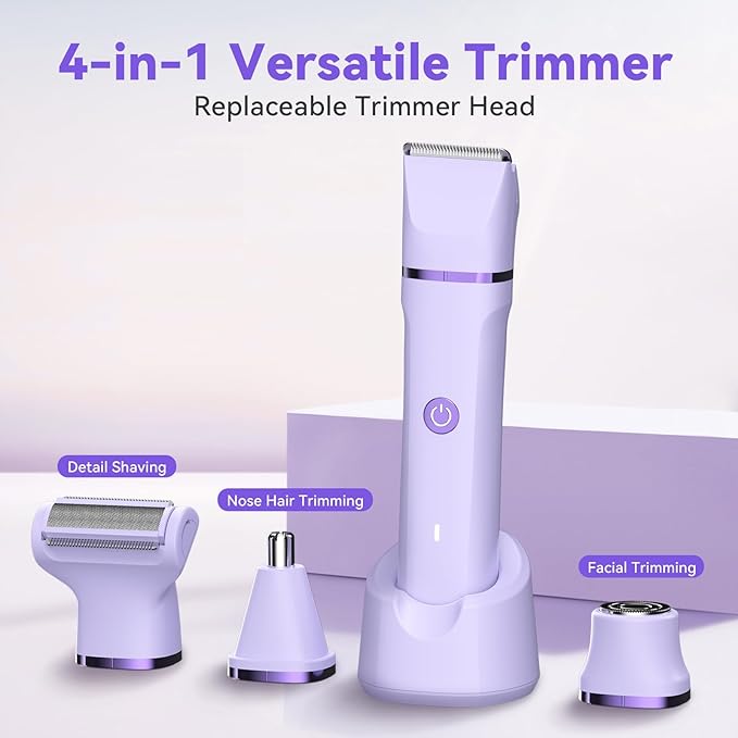 Electric Razors for Women - 4 in 1 Bikini Trimmer for Women, Waterproof Body Pubic Shaver for Womens Wet & Dry Use, Replaceable Facial & Nose Hair Trimmer, Rechargeable Hair Removal Kit, Purple