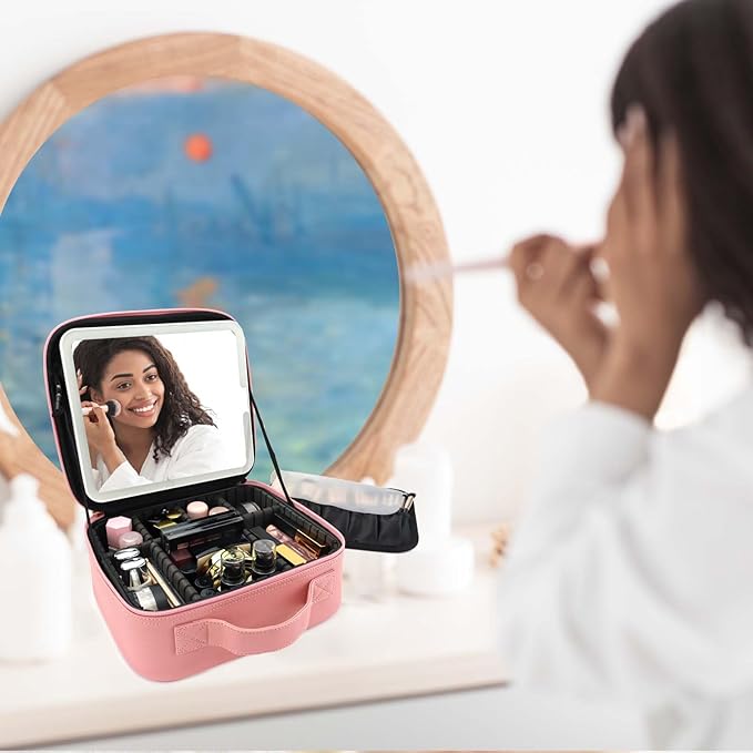 Travel Makeup Bag with LED Mirror Travel Makeup Organizer with 3 Lighted Settings, Adjustable Dividers and Makeup Brush Storage Bag Pink