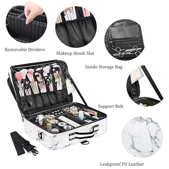 gzcz PU Leather Travel Makeup Case 16.2" Large Cosmetic Bag Organizer Professional Train Case with Adjustable Dividers and Shoulder Strap for Brushes Toiletry Jewelry Digital Accessories