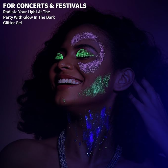 Teenitor 12 Colors Fine Glitter Body Glitter Gel, Glow in The Dark Glitter Gel, Glow in The Dark Face Paint, Face Sparkles for UV Black Light Raves Concerts Festivals