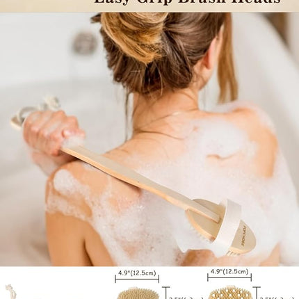 Dry Brushing Body Brush, POPCHOSE Body Scrubber for Men Women, Back Scrubber for Shower, Natural Bristle Exfoliator Scrubber for Body Cellulite and Lymphatic, Long Handle, Detachable, Dual Brush Heads