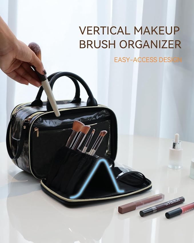 Prite Makeup Bag for Women, Large Capacity Waterproof Travel Cosmetic Organizer, Portable Open Flat Toiletry Bag with Free-standing Brush Holder and Handle(Leopard Print Medium)