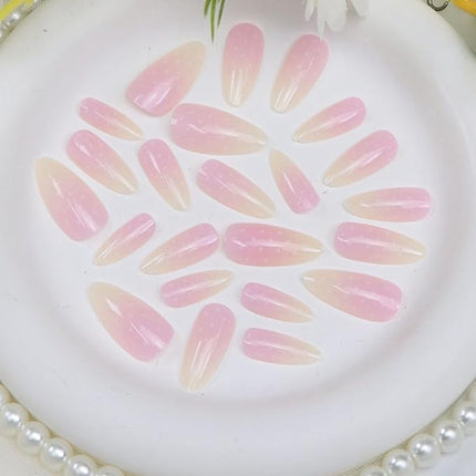 Press on Nails Almond Medium Light Yellow Pink Gradient Fake Nails with Dots Designs Glossy Nails Press ons Acrylic Nail Cute Winter Stick on Nail for Women 24 Pcs