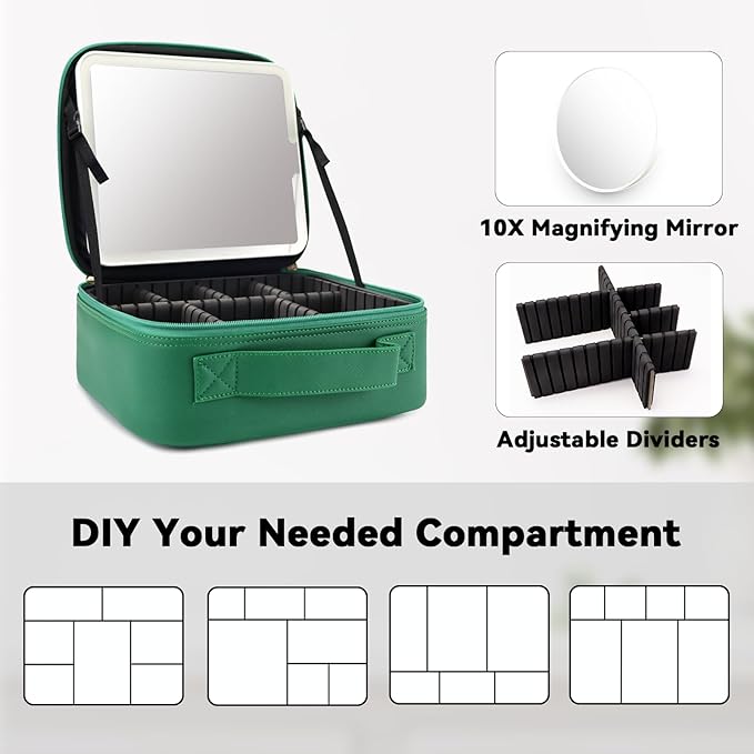 Travel Makeup Bag with LED Mirror and 10x magnifying glass with 3 Lighted Settings, Adjustable Dividers and Makeup Brush Storage Bag Dark Green