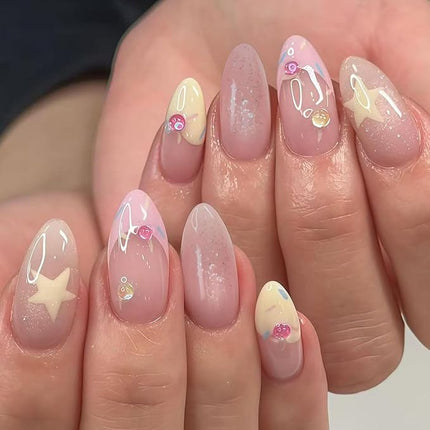 French Tip Press on Nails Almond Medium Fake Nails with Light Pink Yellow Star Rhinestones Designs Nails Press ons Glossy Acrylic Nail Cute Stick on Nail for Women 24 Pcs