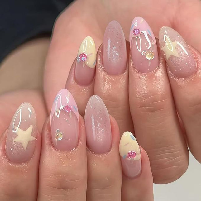 French Tip Press on Nails Almond Medium Fake Nails with Light Pink Yellow Star Rhinestones Designs Nails Press ons Glossy Acrylic Nail Cute Stick on Nail for Women 24 Pcs