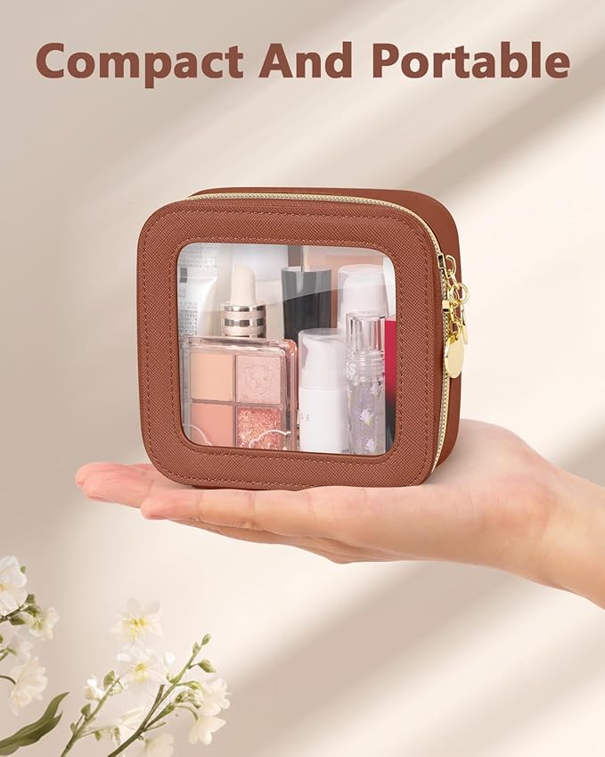 Mini Makeup Bag, Small Makeup Bag for Purse, Waterproof Clear Makeup bag, Leather Cosmetic Bag, Square Make Up Bag Pouch, Toiletry Bag for Travel, Car and Women, Brown
