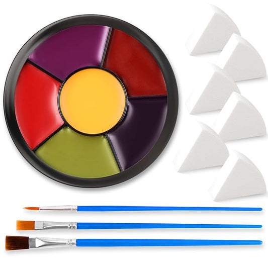 6 Colors Halloween Face & Body Paint + 6pc Sponge + 3pc Brush, Yellow, Purple, Red, Green, Bruise Wheel for SFX, Face Paint, Body Paint Kit for Zombie, Clown, Joker, Alien, Witch Makeup