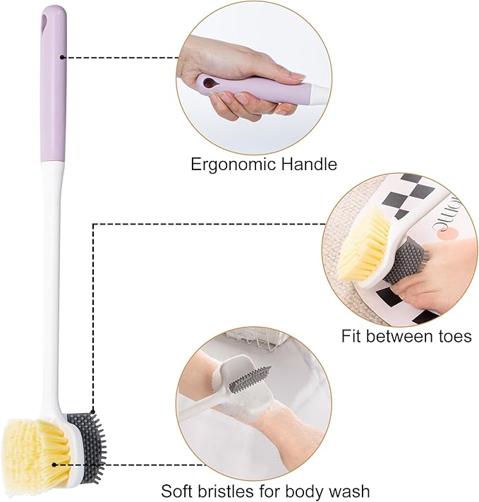 Foot Scrubber Toe Cleaning Brush, 2 Pack Shower Foot Scrubber with Long Handle, Double-Sided Silicone and Soft Bristle Brush for Skin Exfoliation, Seniors, Adults, Purple