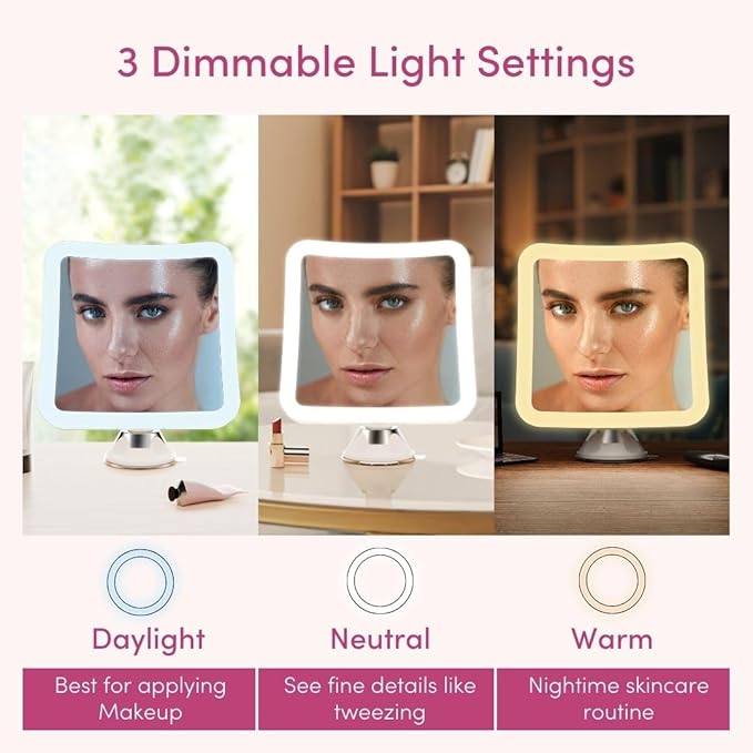 Fancii 20x Magnifying Makeup Mirror with LED Lights, Rechargeable, High Zoom | 7-inch Large Lighted Travel Mirror for Vanity and Bathroom, Dimmable, 3 Light Settings, Strong Suction, 360° Rotation
